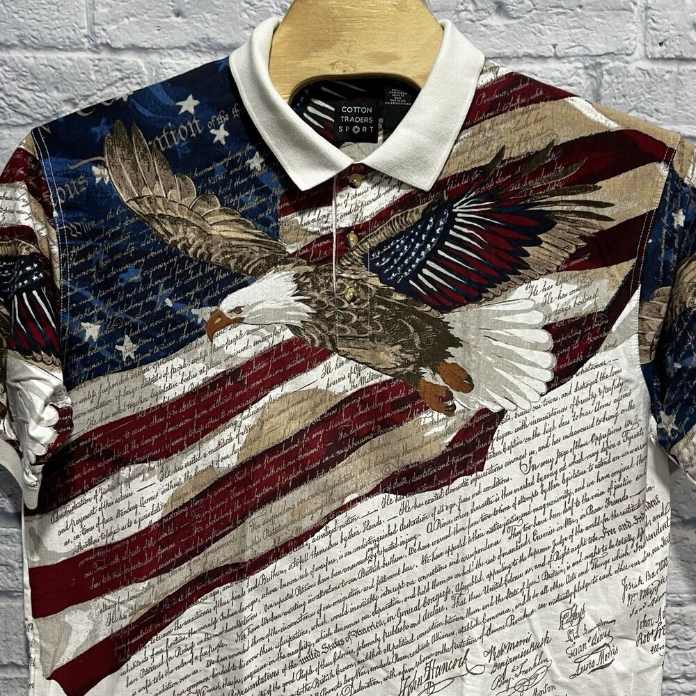 Cotton Traders Men Vintage 90s USA American All Over Print Bald Eagle Polo Sz XL